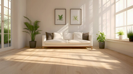 Naklejka premium Minimalist Living Room with Natural Wood Flooring