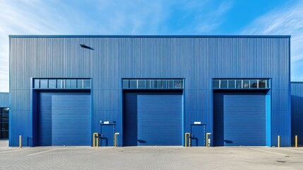 Fototapeta premium A modern blue warehouse building with three large garage doors in the front. Clear skies and industrial surroundings.