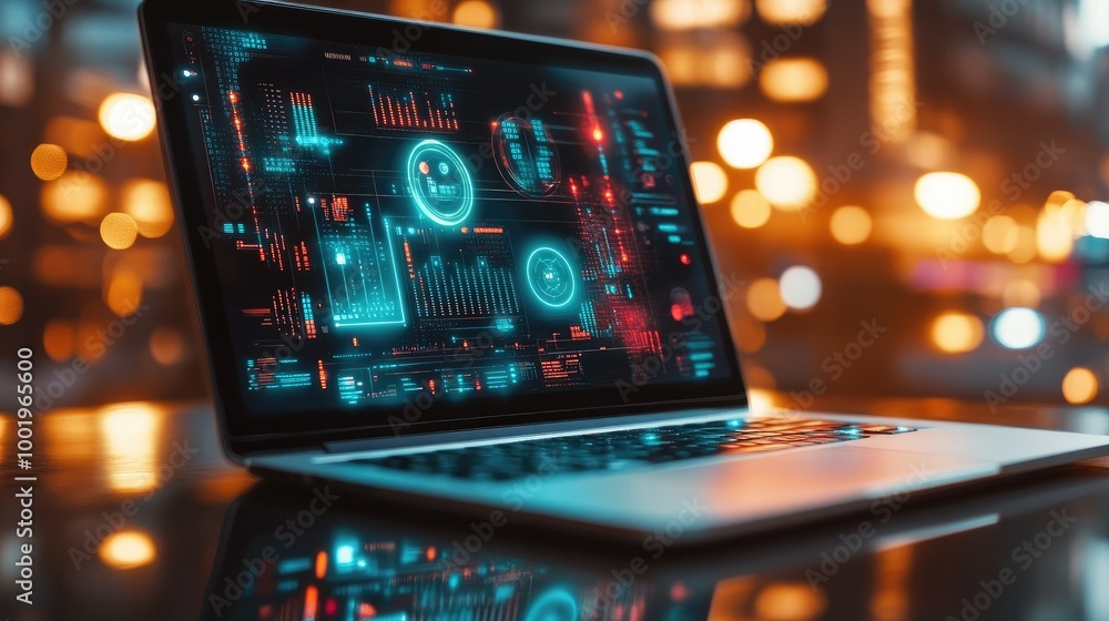 Aufkleber a modern laptop with a futuristic digital screen displaying holographic icons and smart data interfa