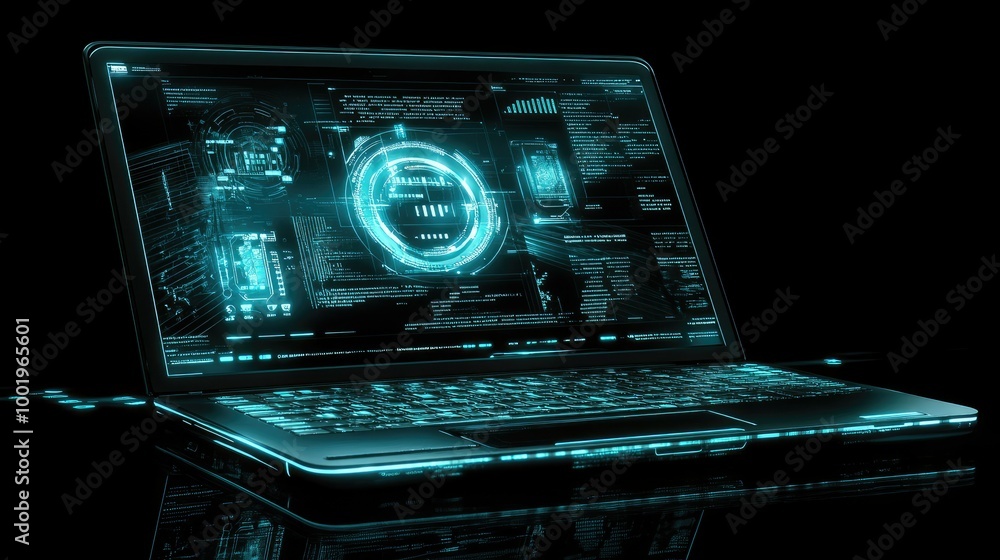 Poster a modern laptop with a futuristic digital screen displaying holographic icons and smart data interfa