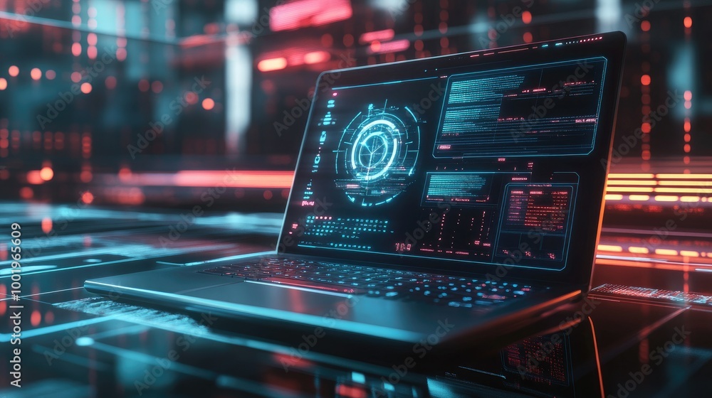 Poster a modern laptop with a futuristic digital screen displaying holographic icons and smart data interfa
