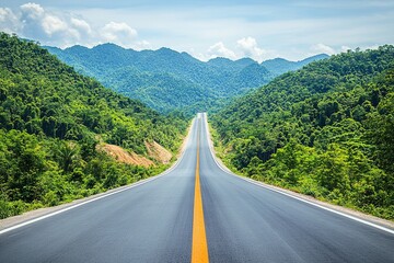 Fototapeta premium Clear Road Sign Indicating a Divided Highway Ahead with Blue Sky in the Background and Greenery