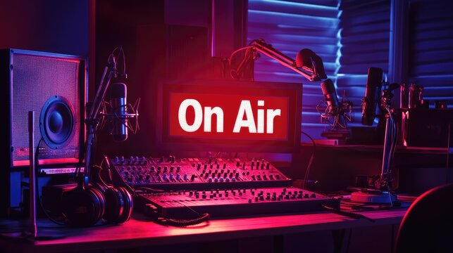 A modern live online radio studio with an "On Air" sign glowing red, microphones and headphones set up for broadcasting.