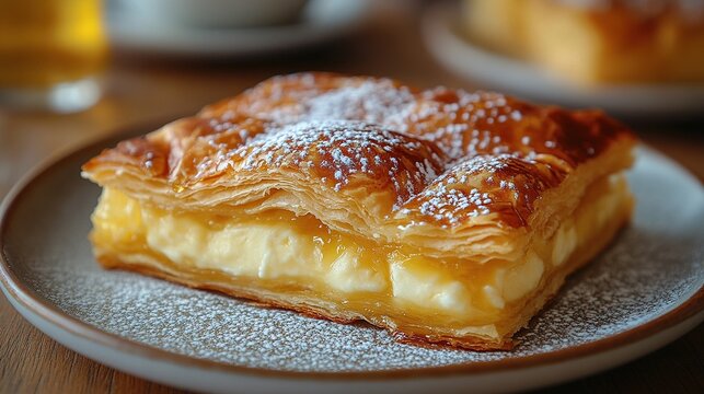 Close-Up of a Traditional Sebada Dessert with Golden Pastry and Sweet Filling on a Rustic Table