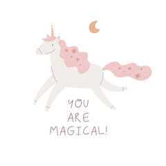 Cute unicorns, flowers and stars.Colorful vector print in cartoon flat style