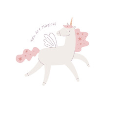 Cute unicorns, flowers and stars.Colorful vector print in cartoon flat style