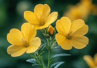 Close-Up of Vibrant Oenothera Macrocarpa Flower Showcasing Bright Yellow Petals and Green Leaves