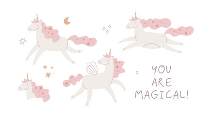 Cute unicorns, flowers and stars.Colorful vector print in cartoon flat style