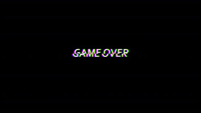 Blinking game over animation on black background,  glitching game over text animated, looped glitch game over design.