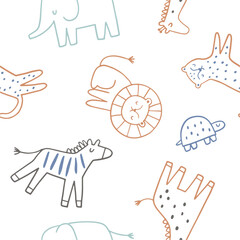 Safari animals cute illustration in doodle style. Outline hand drawn print. African leopard, giraffe, elephant. Wild animals seamless pattern © NadezdaBarkova