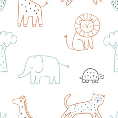 Safari animals cute illustration in doodle style. Outline hand drawn print. African leopard, giraffe, elephant. Wild animals seamless pattern
