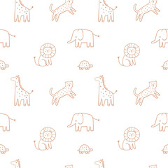 Safari animals cute illustration in doodle style. Outline hand drawn print. African leopard, giraffe, elephant. Wild animals seamless pattern © NadezdaBarkova
