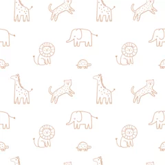 Gardinen Tiere Muster  Safari animals cute illustration in doodle style. Outline hand drawn print. African leopard, giraffe, elephant. Wild animals seamless pattern  © NadezdaBarkova