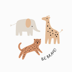 Obraz premium Safari animals cute illustration in doodle style. Outline hand drawn print. African leopard, giraffe, elephant. Wild animals 