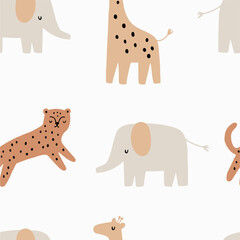 Safari animals cute illustration in doodle style. Outline hand drawn print. African leopard, giraffe, elephant. Wild animals seamless pattern