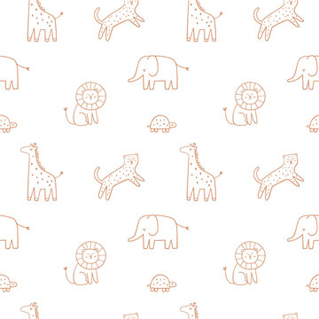 Fototapeta Safari animals cute illustration in doodle style. Outline hand drawn print. African leopard, giraffe, elephant. Wild animals seamless pattern