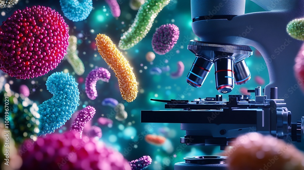 Poster a microscope with colorful bacteria and viruses floating around it.