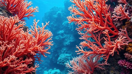 In a vibrant coral reef, dense colonies of branching gorgonian fans sway gently in the current, their delicate, feathery tendrils waving like a shimmering, iridescent mist.