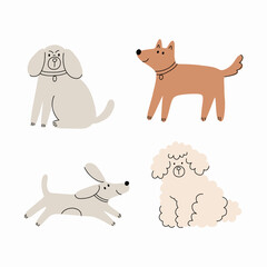 Cute Dogs illustration in doodle style. Outline hand drawn print. Pet, animals 