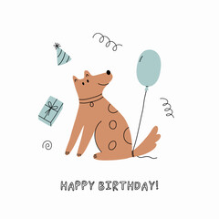 Cute Dogs illustration in doodle style. Outline hand drawn print. Pet, animals Birthday party. Card in flat style