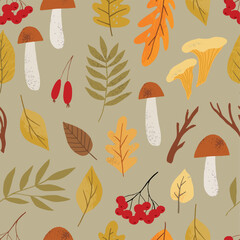 Obraz premium Autumn leaf print. Cozy Fall background design with leaves. Natural print for fabric, textile, wallpaper. Vector Handdrawn seamless pattern