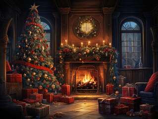 Interior christmas. magic glowing tree, fireplace, gifts
