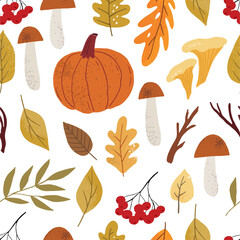 Autumn leaf print. Cozy Fall background design with leaves. Natural print for fabric, textile, wallpaper. Vector Handdrawn seamless pattern