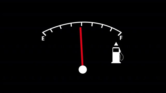 simple fuel meter animation on black background, concept of empty to full petrol animated.