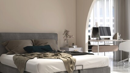 Gray bed with white bedsheet, working desk in sunlight from window arch with sheer curtain on beige wall luxury, modern bedroom for interior design decoration, product background 3D