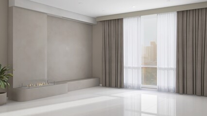 Empty beige wall room with double layer curtain, brown blackout and white sheer curtain in sunlight on tile floor for furniture, interior design decoration background 3D