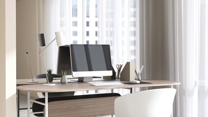 Modern wooden working desk with computer, lamp with chair against mirror wall in sunlight from window with sheer curtain on beige wall room for interior design decoration, product background 3D