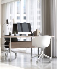 Modern wooden working desk with computer, lamp with chair against mirror wall in sunlight from window with sheer curtain on beige wall room for interior design decoration, product background 3D