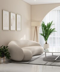 Elegant white sofa, oval coffee table on gray shag rug in sunlight from window arch with sheer...