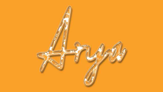 3D Thick Transparent Liquid text effect of name Arya on Yellow Background.
