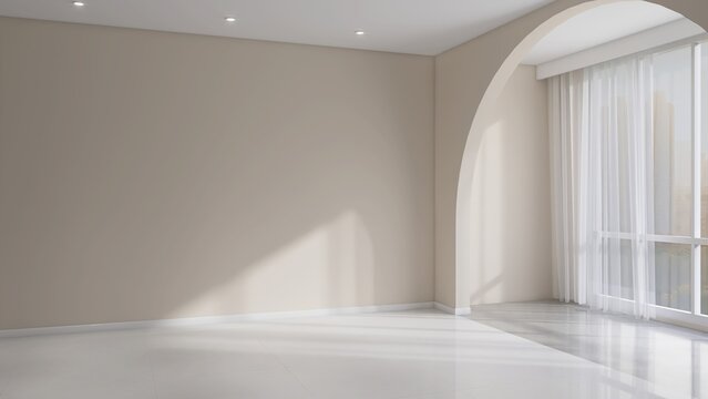 Luxury, modern empty room with arch, beige wall in sunlight from white sheer curtain window for interior design decoration, product background 3D