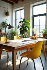 Fototapeta premium Sleek Urban Oasis: Architect's Co-Working Haven with Polished Concrete, Wooden Accents & Lush Greenery - Boost Productivity in Natural Sunlight