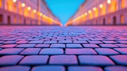 Naklejka premium Cobblestone Street at Dusk with Blurry City Lights Background