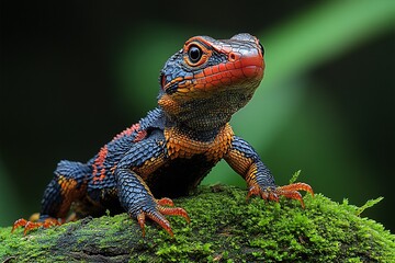 Obraz premium Vivid Crocodile Skink Perched on Lush Moss, Showcasing Brilliant Colors in a Natural Habitat