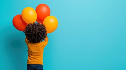 Young Boy Holding Balloons Back View   Colorful Party Celebration Joy