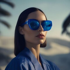 Close-up Portrait of Beautiful Woman in Blue Outfits and Eyeglasses Looking at Camera with Silky Hair at Twilight