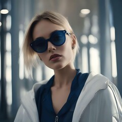 Elegant Businesswoman Portrait Wearing Blue Sunglasses and Shirt with White Jacket Looking at Camera in The Building with Bokeh Effect