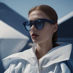Futuristic Woman Portrait Wearing White Hoodie Jacket and Sunglasses in a Yacht with Bokeh Effect
