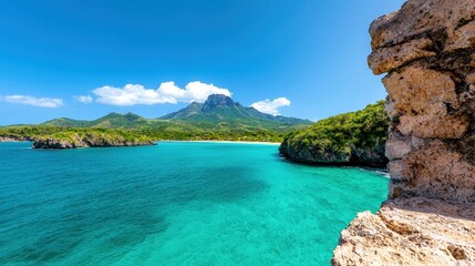 Turquoise Caribbean Sea  Mountain View  Antigua and Barbuda Beach Scene