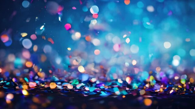 A festive and colorful party with flying neon confetti on a blue background
