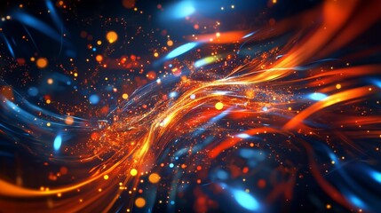 Obraz premium Abstract visualization of a digital light wave, with vibrant blue and orange particles flowing in waves, representing the transmission of data in a futuristic cyber environment
