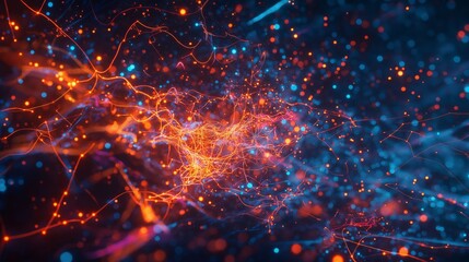 Obraz premium Abstract visualization of a dynamic real-time data stream, showcasing vibrant lines of energy and light in bright orange and blue tones, representing the complexity and speed of data transmission