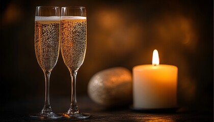 Elegant Vintage Champagne Flutes with Bubbly Champagne and Candlelight Close-up