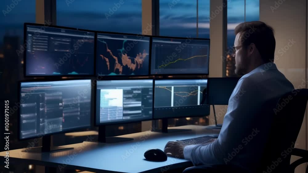 Poster Financial analyst works late in a modern office, analyzing data on multiple screens with a city view. The glow of screens highlights the importance of data analysis in finance