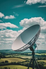 A large satellite dish pointed towards the sky, set against a backdrop of lush green fields and a bright blue sky with white clouds.