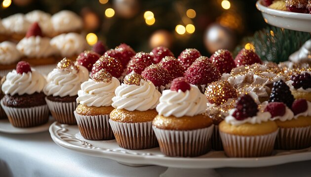 Elegant New Year's Eve Dessert Platter with Glittering Cupcakes and Pastries on White Tablecloth Close-Up